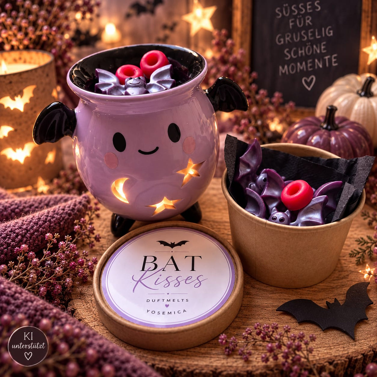 KI-unterstützte Inszenierung des Startersets: lilafarbene Fledermaus-Duftlampe und Bat Kisses Duftmelts in einer geöffneten Kraftpapierdose.