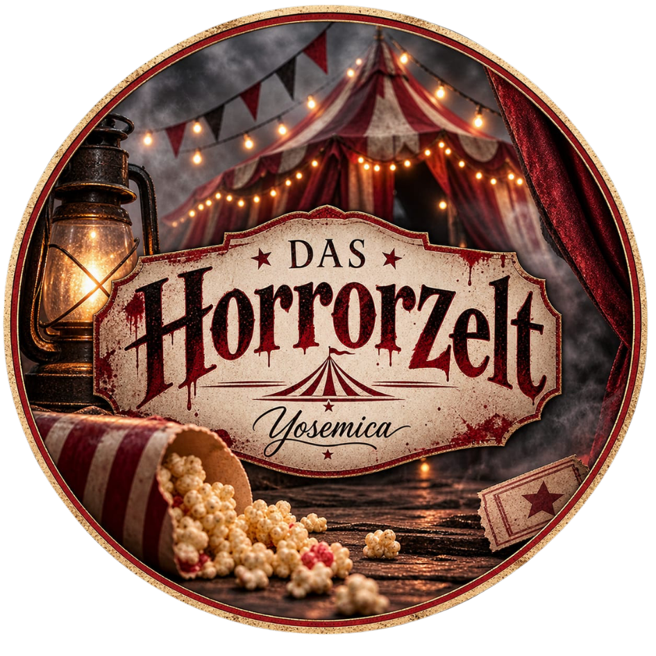 Gestaltetes Yosemica-Motiv für das Wachsmelt „Das Horrorzeit“ mit düsterem Zirkuszelt, Laterne und Popcorn