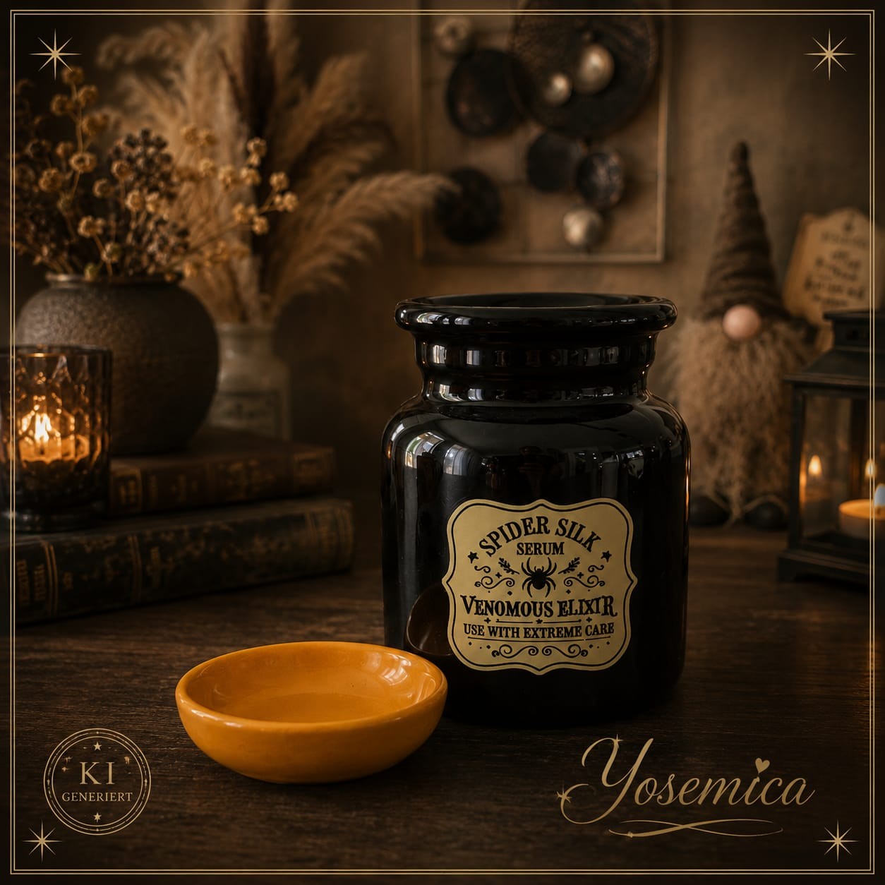 Schwarze Keramik-Duftlampe Spider Silk mit abgenommener ockerfarbener Schale