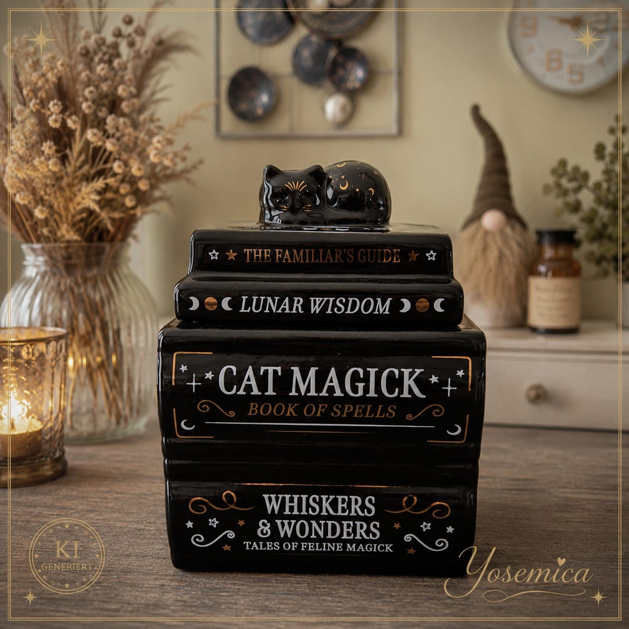 Schwarze Keramik-Duftlampe Cat Magick in Form gestapelter Bücher