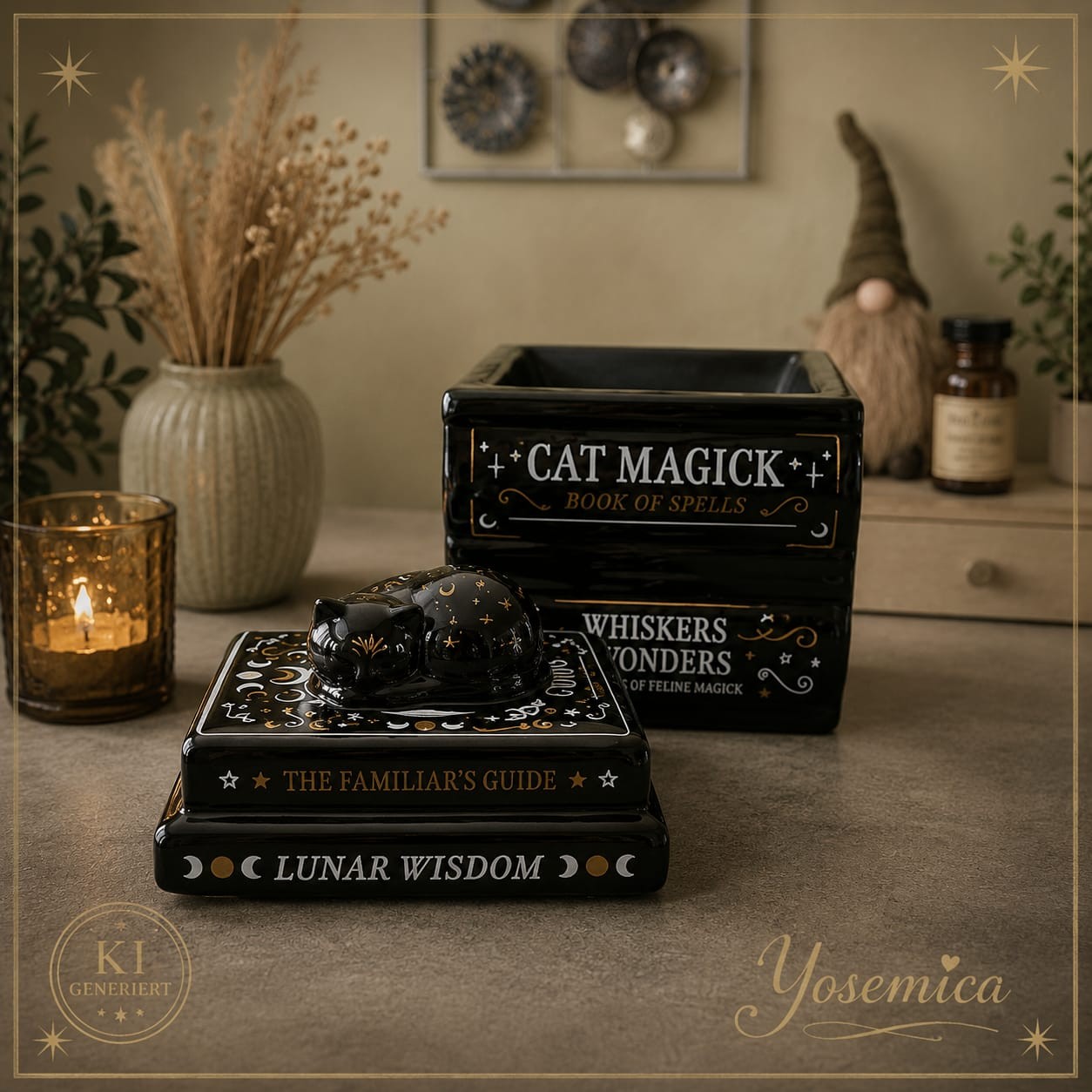 Geöffnete Keramik-Duftlampe Cat Magick mit abgenommenem Katzenaufsatz