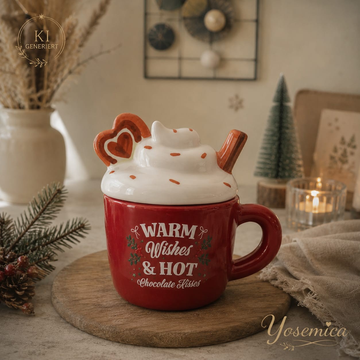 Rote Keramik-Duftlampe Warm Wishes in Tassenform mit cremefarbenem Aufsatz