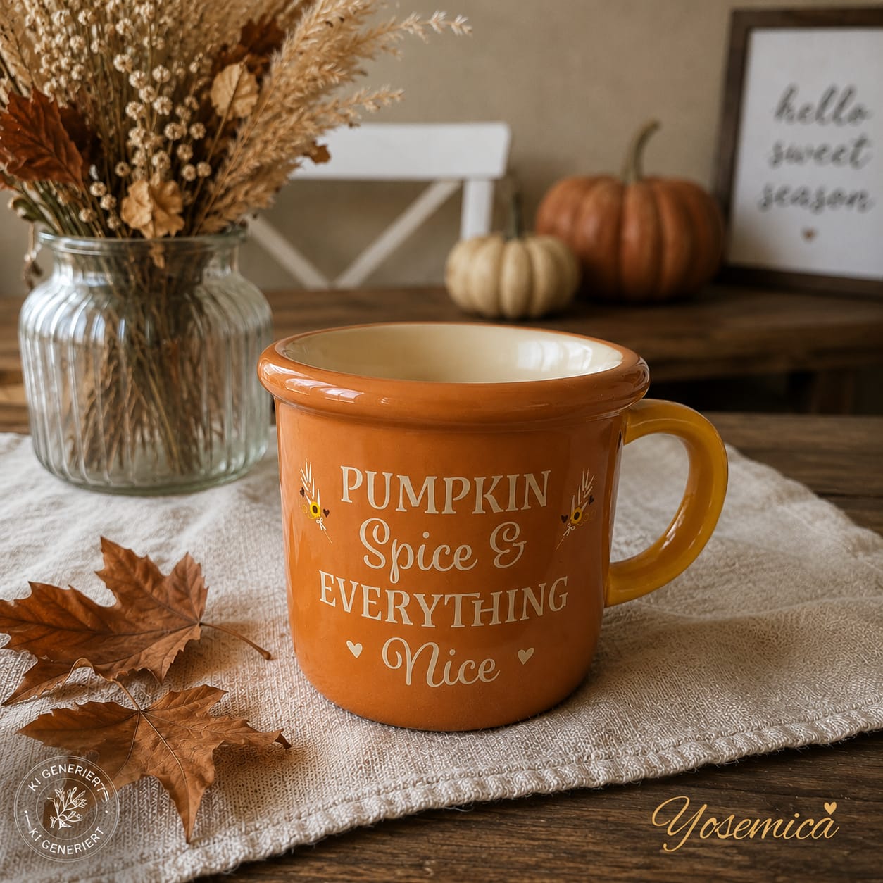 Orangefarbene Keramik-Duftlampe Pumpkin Spice in Tassenform mit Schriftzug