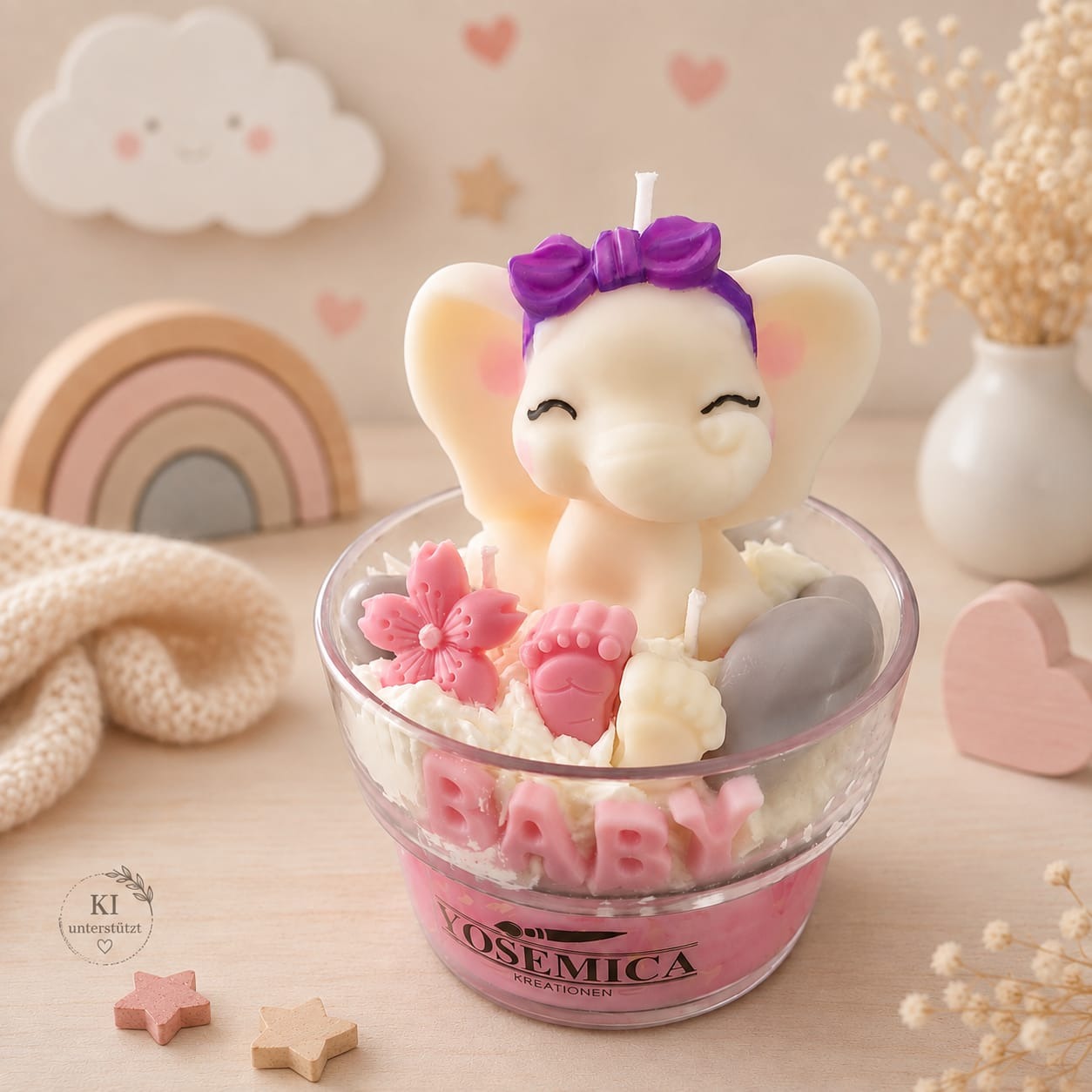 Dekokerze im transparenten Gefäß mit cremefarbenem Baby-Elefanten und rosa-lila Details