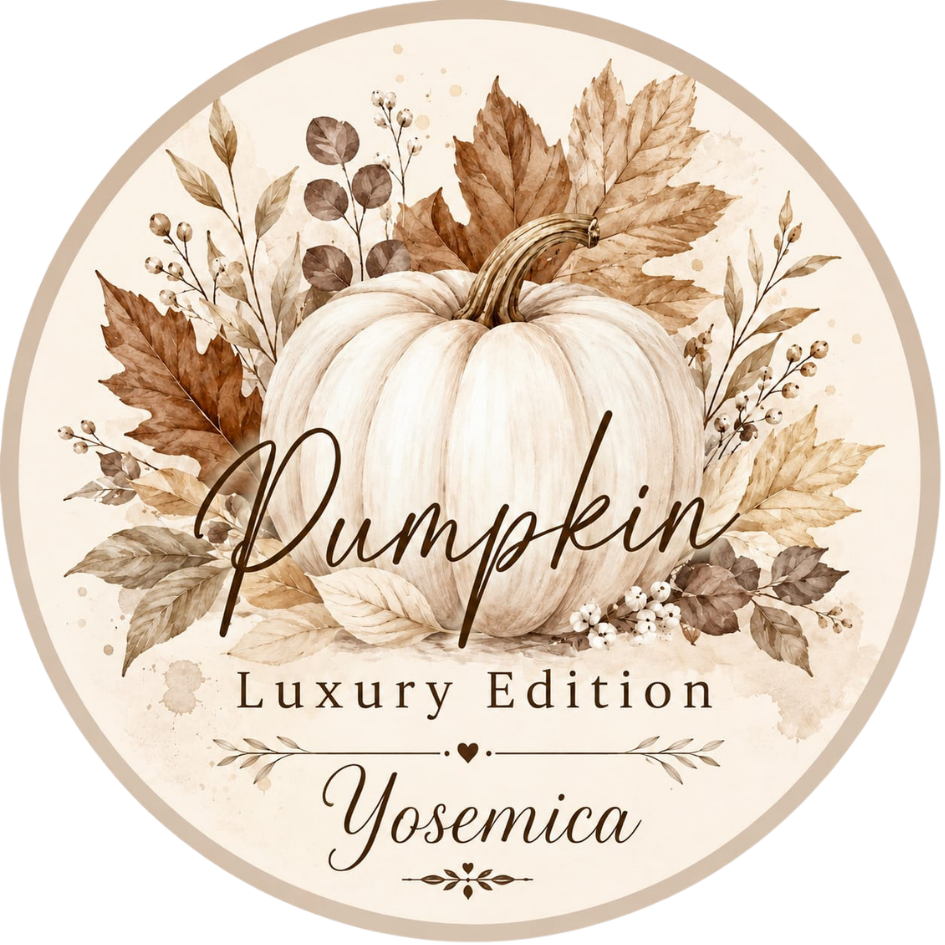 Rundes Yosemica-Etikett „Pumpkin – Luxury Edition“ mit cremeweißem Kürbis, Herbstlaub und Zweigen in Naturtönen.