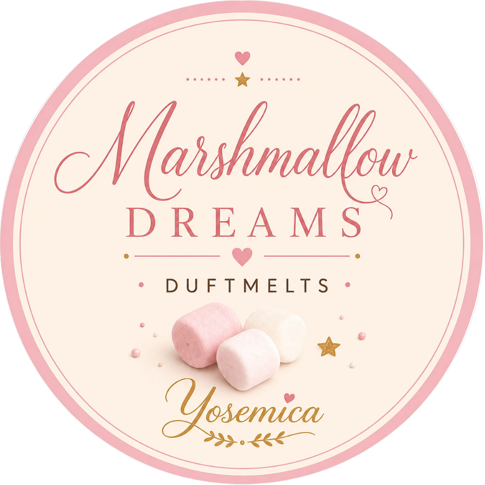Rundes Yosemica-Etikett „Marshmallow Dreams“ in Creme und Rosa mit Marshmallows, Herzen und goldfarbenen Sternen.