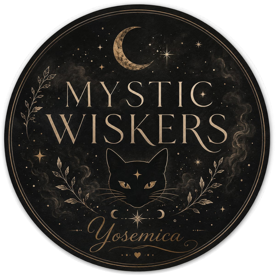 Rundes schwarzes Yosemica-Etikett „Mystic Wiskers“ mit goldfarbenem Katzenmotiv, Mondsichel und Sternen.