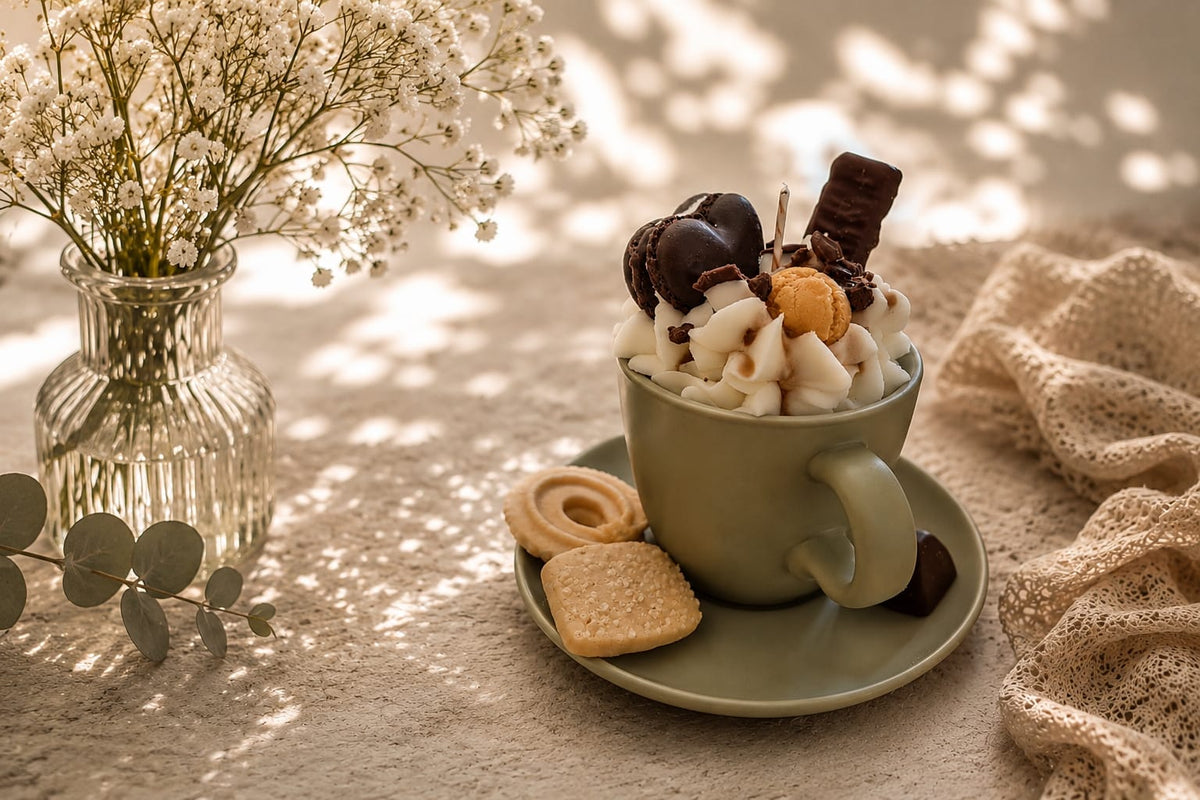Kaffeetasse mit Sahnehaube, Blumen und Gebäck auf dem Tisch