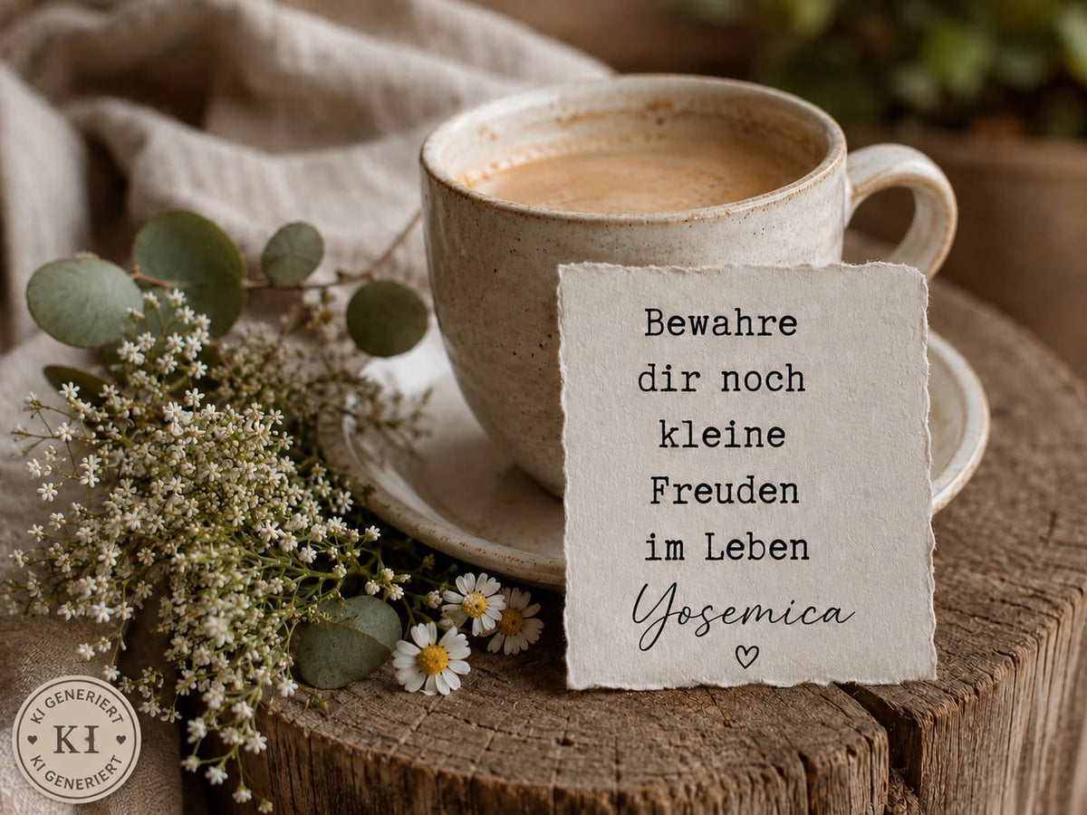Handgetöpferte Kaffeetasse mit Eukalyptus und Kamille, daneben eine Karte mit dem Spruch „Bewahre dir noch kleine Freuden im Leben“ von Yosemica